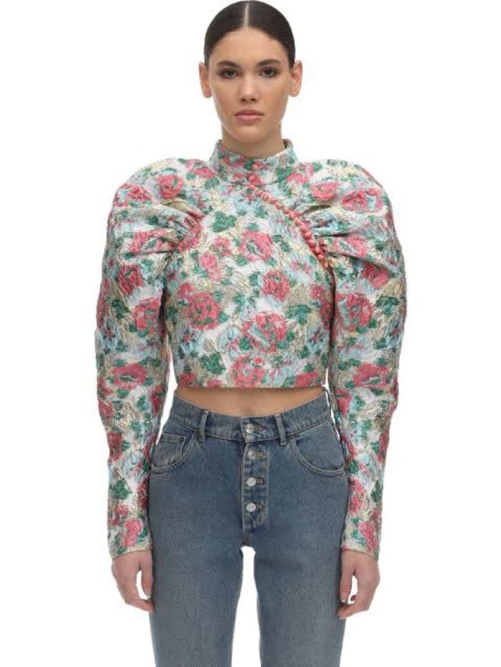 ROTATE Birger Christensen Floral Brocade Puff-Sleeve Crop Top Multicolor
